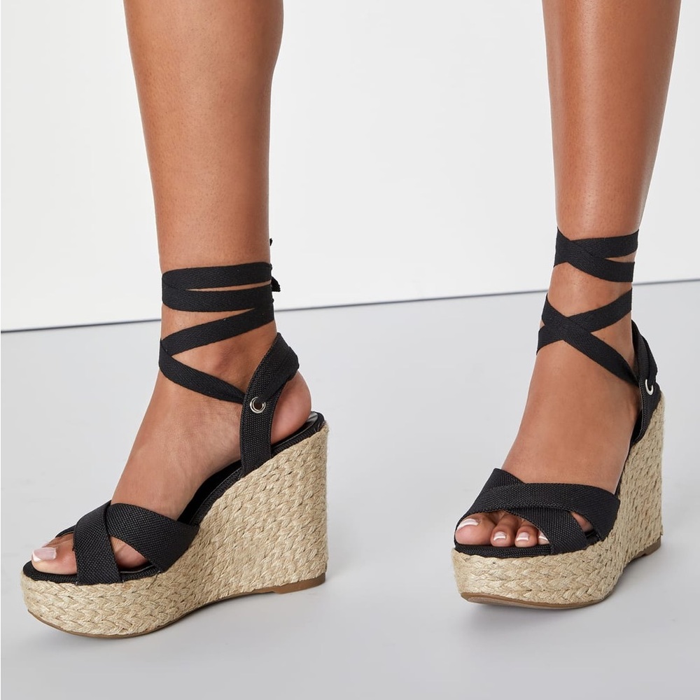 Lulus Esme Black Lace-Up Espadrille Wedges